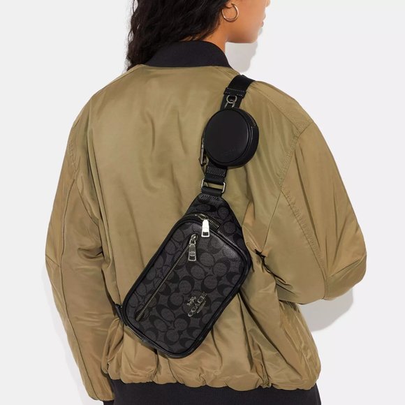 NWT Coach Elias Belt Bag In Signature Canvas Gunmetal/Charcoal - Picture 2 of 13